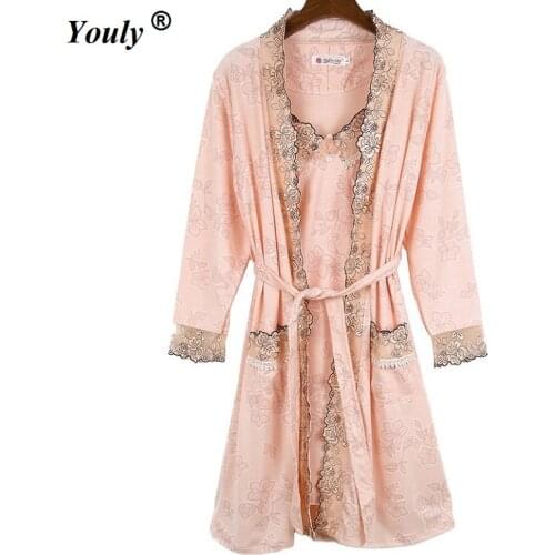 Woman Cotton Lace Robes Sets Plus Size 4XL Embroidered Floral Sexy Female Bathrobes Gowns Nightgowns Home Sleepwear 2 pieces Set