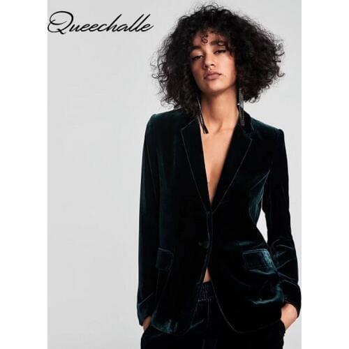 2020 Spring Autumn Dark Green Velour Blazer Coat Women Office Lady Notched Collar Long Sleeve Slim Suit Jacket Casual Outwear