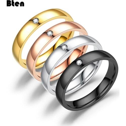 Bten Trendy Style Crystal Wedding Ring Black Silver Rose Gold Color Jewelry For Women Stainless Steel Rhinestone Girls' Ring