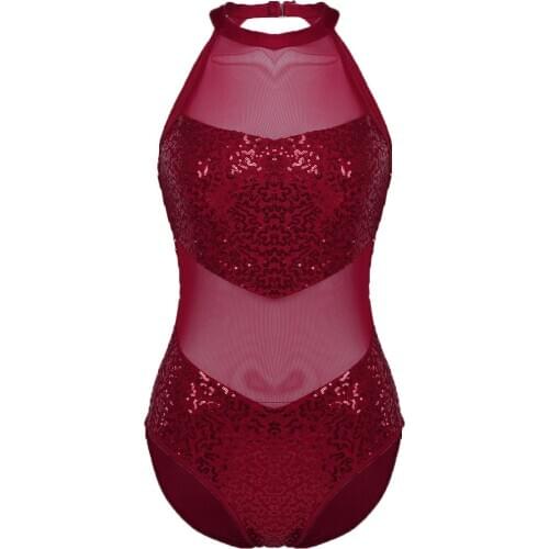 Women Halter Mesh Shiny Sequined Bodysuit Ballet Dancewear Gymnastics Leotard Adult Stage Performance Competition Dance Costume