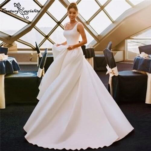 Simple Satin Wedding Dresses for Women 2021 Beaded Belt Square Collar Backless A-Line Bride Dress Bridal Gowns Vestido De Noiva