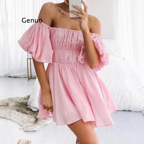 Sexy vintage Off-shoulder mini for women dress 2021 summer new lantern sleeve waist high waist mini dress female beach dress