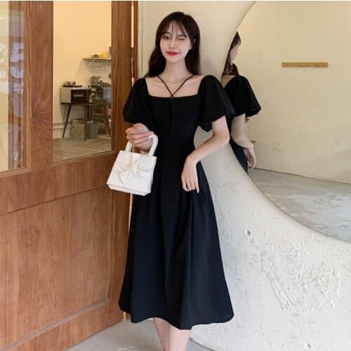 Empire Puff Sleeve Women Halter Elegant Dresses Plus Size Black Lady Vintage Long Dress Summer Slash Neck Korean Fashion Clothes