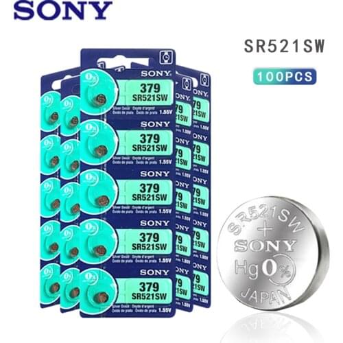 100pcs/lot Sony 379 Original 1.55V Silver Oxide Watch Battery 379 SR521SW D379 SR63 V379 AG0 Button Coin Cell MADE IN JAPAN