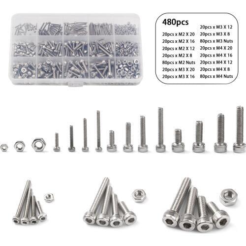 480Pcs 304 Stainless Steel M2 M3 M4 Cylinder Head Hex Socket Head Cap Screws Nut Assorted Kit With Box
