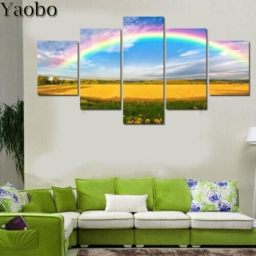 5 pcs 5d Diy Diamond Painting Rainbow flower field landscape Cross Stitch diamond Mosaic square round diamond embroidery icons