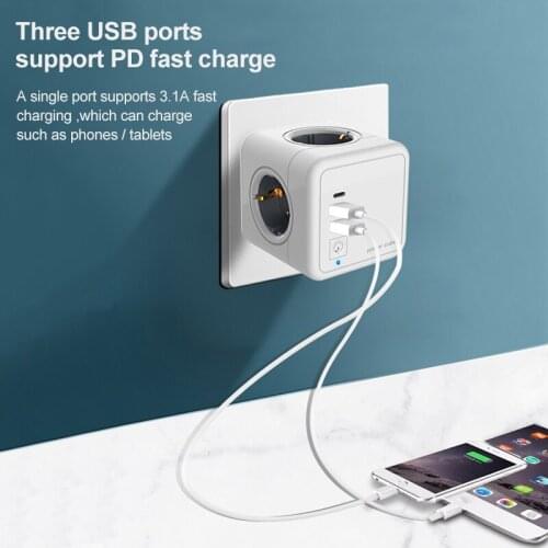 Power Strip with USB Electric with Switch+Type C Socket Tee Powercube Strips Plug Smart Outlet Extension Adapter European