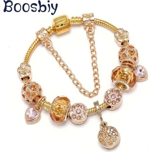 Boosbiy DIY Gold Color Snake Chain Charm Bracelet With butterfly Beads Pendants Fit Brand Bracelet for Women Heart Jewelry Gift