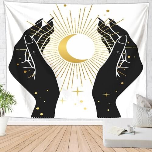 Black and White Hippie Trippy Tapestry Wall Hanging Sun Moon Hand Ouija Astrology Boho Mandala Wall Decor India Witchcraft Tapiz