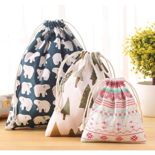 3 Size Cotton Linen Travel Drawstring Tote Flower Print Storage Bag Organizer Bag For Underwear Toy Storage Bag