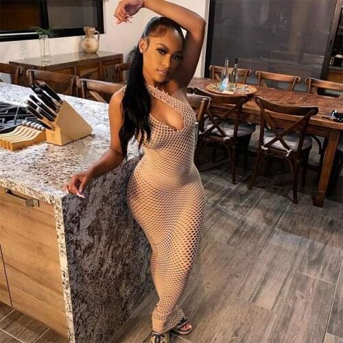 DSMTRC Women One Shoulder Sleeveless Slim Street Party Long Dresses Lady Solid New Summer Black Sexy Mesh See Through Dress