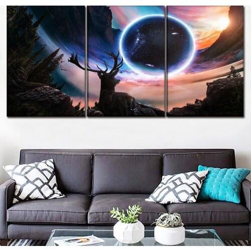 Canvas Art Print 3 Panel Magical Dreamlike World And Animal Deer Poster Wall Home Decor Modular Picture For Bedroom Painting