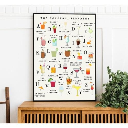 The Cocktail Alphabet Bar Cart Wall Decor Cocktail ABC Canvas Painting Poster Print Picturte for Living Room Decor Wall Art