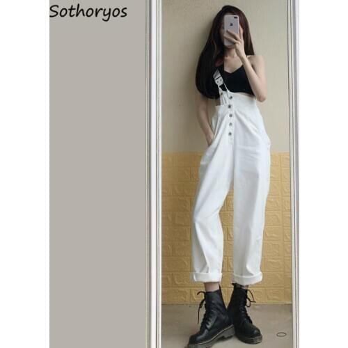 One-shoulder Jumpsuits Women Buttons Solid Korean Style Loose Wide Leg Trousers Street Wear Ulzzang Slim Special Outwear Chic