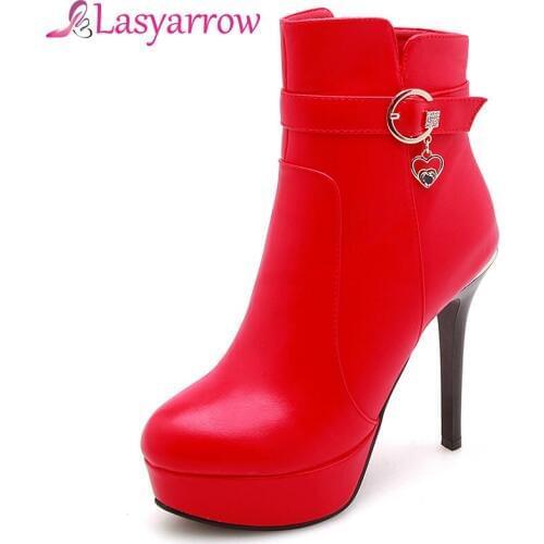 Lasyarrow Fashion Round Zipper Ankle Boot High Heels Short Boots Autumn Boots Shoes Winter Woman Shoe Platform Wedding shoe F356