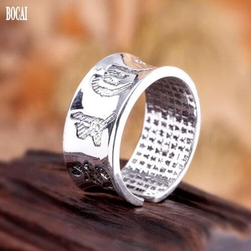 BOCAI 2020 new s999 sterling silver jewelry classic six character mantra ring good luck silver ring for men and women