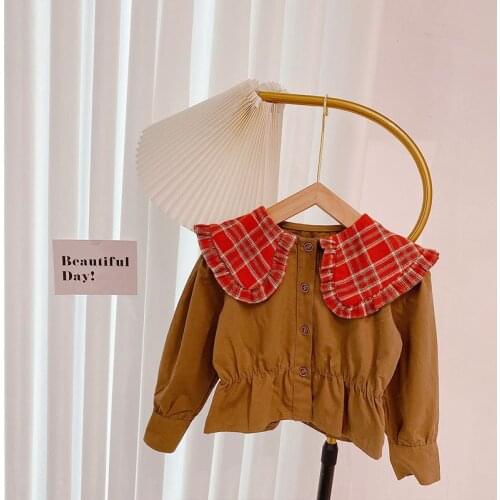 Autumn Children Kids Plaid Lapel Collar Long Sleeve Blouse Girls Shirt Tops