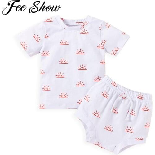 0-24M Baby Boys Girls Summer 2pcs Outfits Sets Short Sleeve Sun Print T-shirts+High Waist Shorts Cotton Soft Outfits