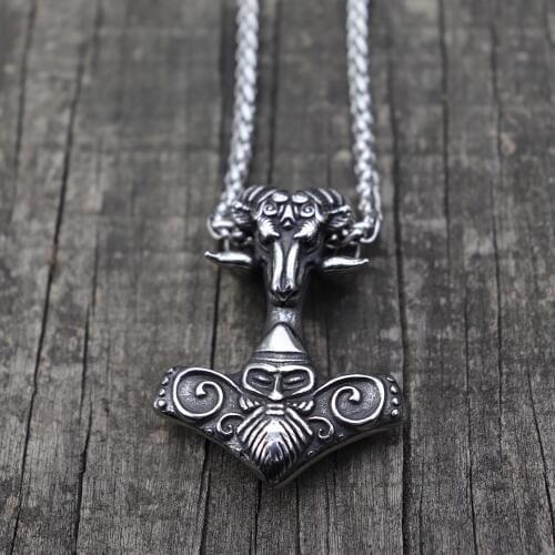 Viking Mjolnir Thors Hammer Sheep Heads Stainless Steel Pendant Necklace Scandinavian Pagan Norse Rune Totem Man Amulet Jewelry