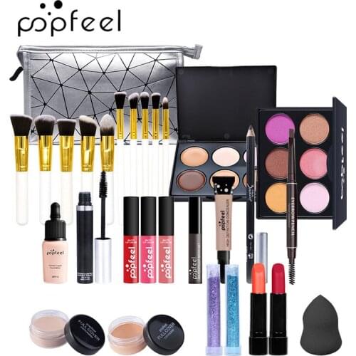 Popfeel Makeup Set 10pc Brushes Lip Gross Lipstick Concealer Eyebrow Mascara cosmetic Glitter Matte Eyeshadow Palette Maquillaje