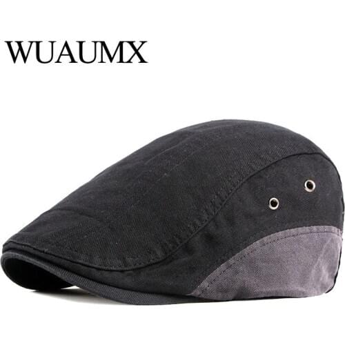 Wuaumx Casual Mens Herringbone Cap Cotton Beret Hat Women Spring Summer Visors Artist Forward Cap Flat Beret Cabbies Driver Hat