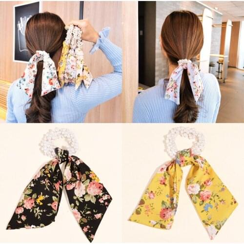 Korean Printed Headband Ladies Pearl Fashion Hair Rope Girl Long Riibbon Ponytail Holder Pearl Elastic Hairband Hair Accessories