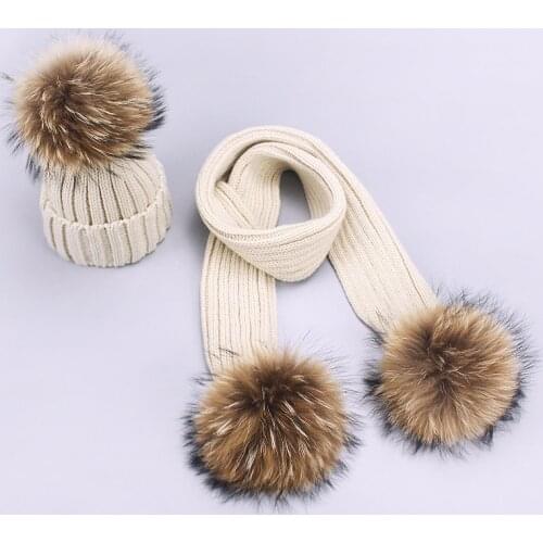 Boys Girl Hat With Real Fur Bobble Autumn Knit Kids Cap Baby Boy Winter Cap Scarf Beanie Knitted Children Hats And Scarf Suit