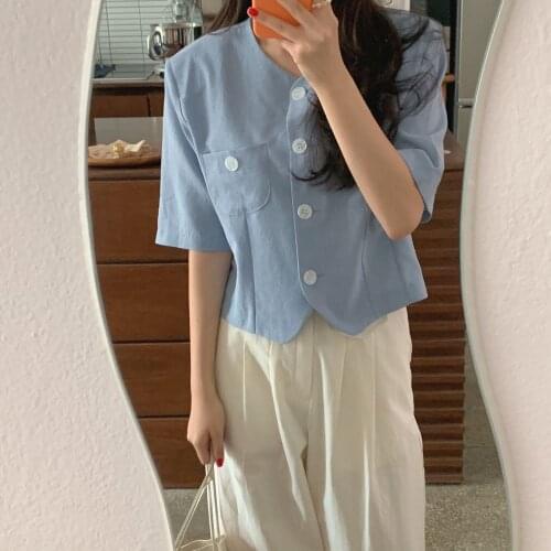 Women Summer Casual Cotton Linen Tops Short Shirt Jacket Coat Single Breasted Blouse Short Sleeve Overshirt