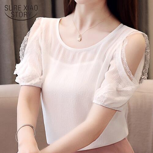 Short sleeve shirts Lace-up doll temperament strapless chiffon women shirts womens tops and blouses white blouse women 3396 50