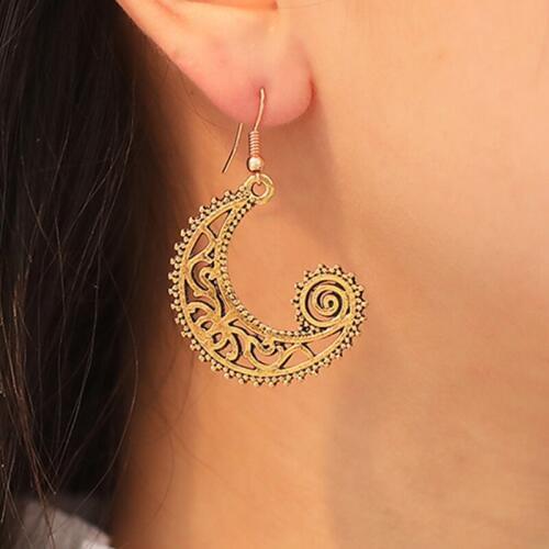 Hollow Boho Vintage Golden Silver Plated Black Moon Drop Earrings Metallic Bohemian Dangle Earrings for Women