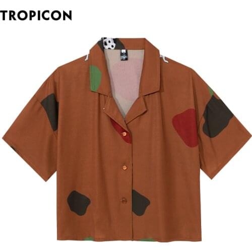 TROPICON Dog Animal Print Korean Woman Crop Top Shirts Casual Short Sleeve Lapel Button Up Summer Blouse Women Tops And Blouses