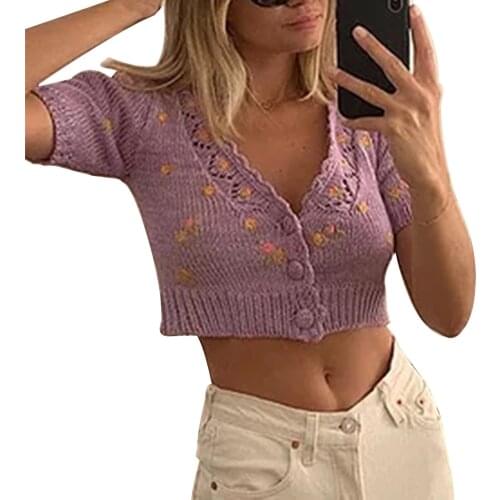 Women Floral Pattern Knitted Cardigan, V-neck Short Sleeve Crop Tops, Beige/ Purple