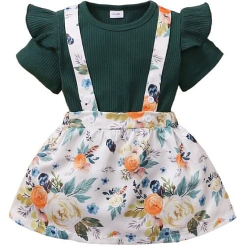 2Pcs Kids Summer Tracksuit, Solid Color Ribbed Short Sleeves T-Shirt + Floral Overalls Dress for Girls, 18 Months to 6 Years