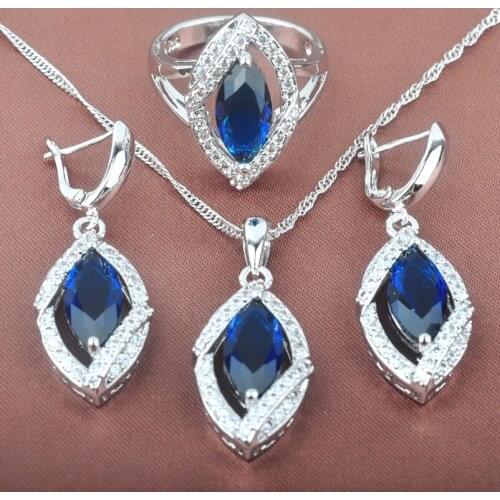 Dubai Jewelry Blue Cubic Zirconia Womens Wedding Silver Color Jewellery Sets Necklace Pendant Earrings Ring TZ0206