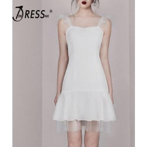 INDRESSME 2019 New Sexy Frill Brace Dress White Women Spaghetti Strap Mesh Mini Dress Party