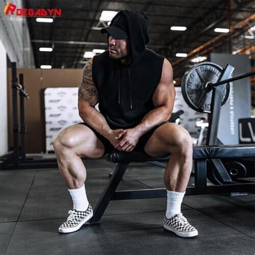ROEGADYN Men T-Shirt Fitness Vest Gym Clothing Sport Shirt Men Hooded Vest Running Casual Trainning Running T-Shirt Workout Vest