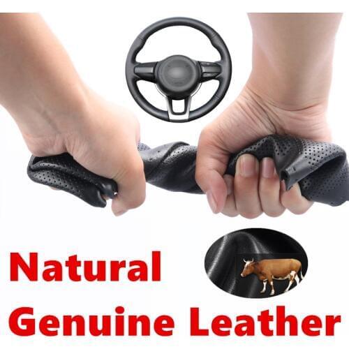 Hand stitched Genuine Calfskin Leather Anti-slip Car Steering Wheel Cover for Kia Rio 2017-2019 Rio5 2019 K2 Picanto Morning