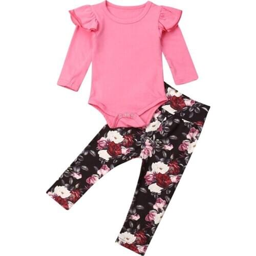 Baby Girl Clothes Set 2019 New Long Sleeve Blank Top Romper Bodysuit + Floral Pants Trousers Outfits Set 0-24M
