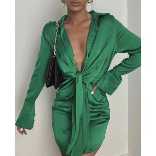 Foridol Satin Shirt Dress V Neck Long Sleeve Autumn Winter Party Dress Short Silk Green Sash Dress Ladies Ruched Elegant Dress