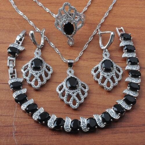Russian Style Black Zircon Jewelry Sets For Women Wedding Earrings Necklace Set Rings Bracelet Birthday Gift JS0621