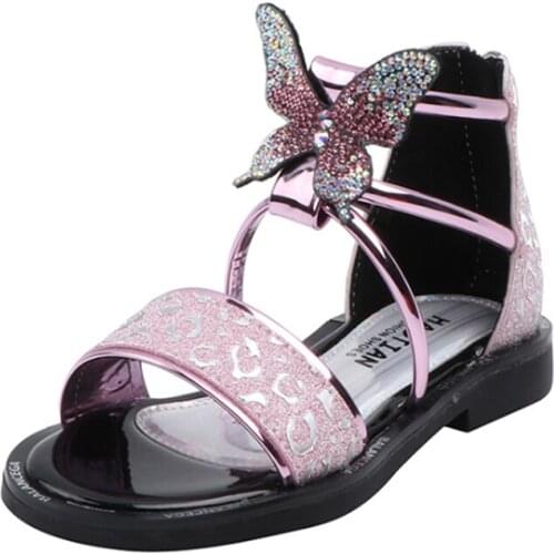 Girls Sandals Rhinestone Butterfly Flat Bling Leather Sandals Fashion Sequin Soft Kids Dance Party Sparkly Shoes Roman shoes