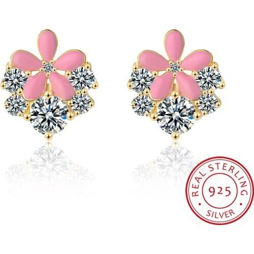 Flower Stud Earring 925 Sterling Silver Earrings Women Pink Enamel Luxury Cubic Zirconia Modern Fine Jewelry Woman Gift