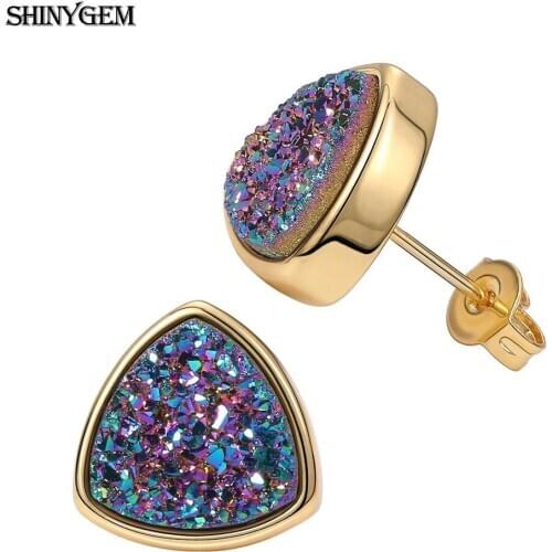 ShinyGem 10*10mm Triangle Natural Sparkling Crystal Druzy Earrings Cute Delicate Gold Plating Gem Stud Earrings For Women Girl