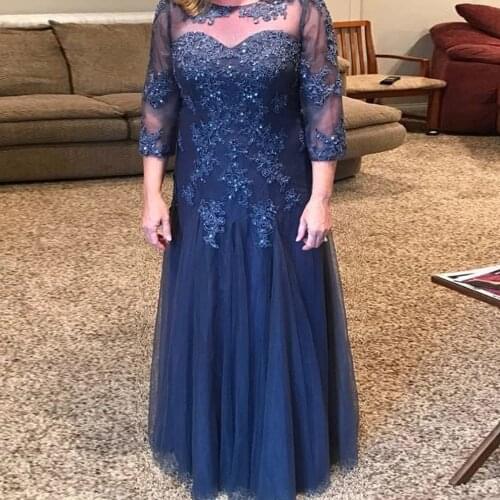 Blue Mother Of The Bride Dresses A-line 3/4 Sleeves Tulle Appliques Beaded Plus Size Long Groom Mother Dresses For Weddings