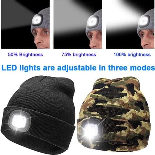 Unisex 4 LED Light Hat Button Battery Type Hands Free Flashlight Cap LED Beanies Knit Hat Keep Warm with Battery For Camping
