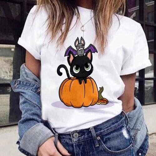 Spring Summer Cute Cat Bat Short Sleeve T Shirt Women Harajuku Halloween pumpkin Printed Tee Shirt Casual Tops T-shirt Female
