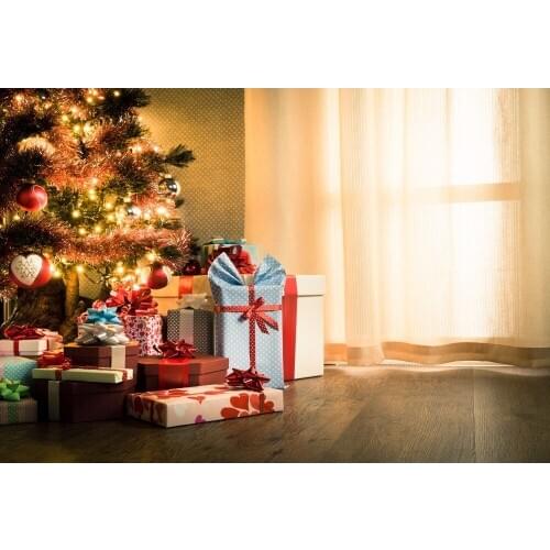 VinylBDS Christmas Backdrops Photography 10X10FT Wood Floor Christmas Tree Background White Curtain For Newborn Photo Backdrop