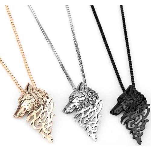 Punk Vintage Wolf Necklace Men Women Metal Color Wolf Head Necklaces Pendants Animal Jewelry Box Chain with Charm