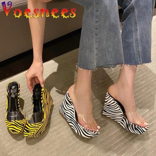 Voesnees High-Heeled Slippers Women 2021 Summer New Fish Mouth Wedges Sandals Transparent Zebra Pattern Platform Ladies Slides