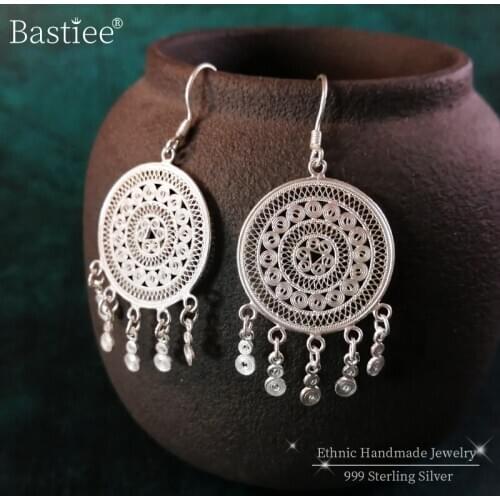 Bastiee Gypsy Bohemian Earrings Tassels 999 Sterling Silver Womens Jewelry Fine Luxury Round Earing Hmong Handmade Ethnic